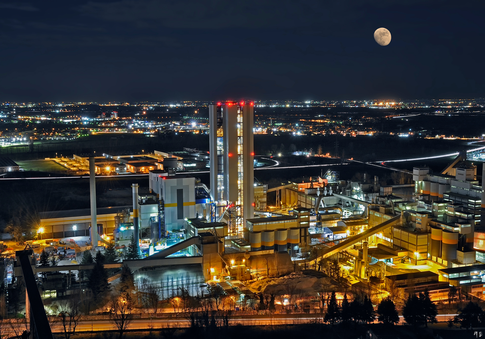 Aerial view of a cement plant at night