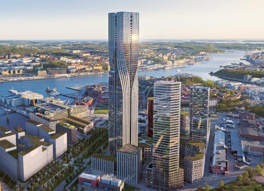 Hohe Glasgebäude überragen eine moderne Stadt, die an einen nahegelegenen Hafen grenzt