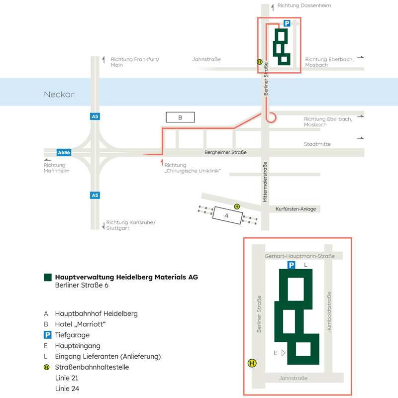 Anfahrtsskizze zeigt die Lage der Hauptverwaltung von Heidelberg Materials sowie den Neckar, die Autobahnen 5 und 656 und den Hauptbahnhof Heidelberg