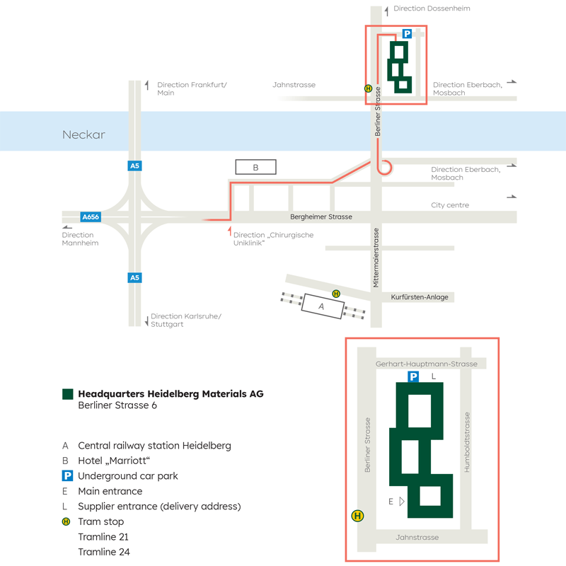 Map showing the location of Heidelberg Materials' headquarters as well as the Neckar River, the Autobahns 5 and 656, and Heidelberg Central Station
