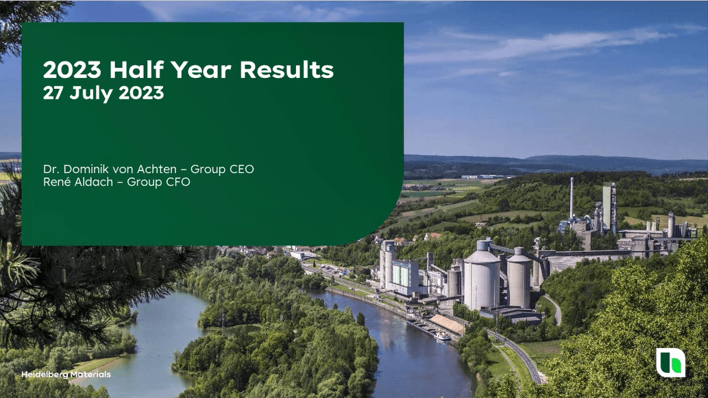 Start screen showing a cement plant by a river and the headline 2023 Half Year Results