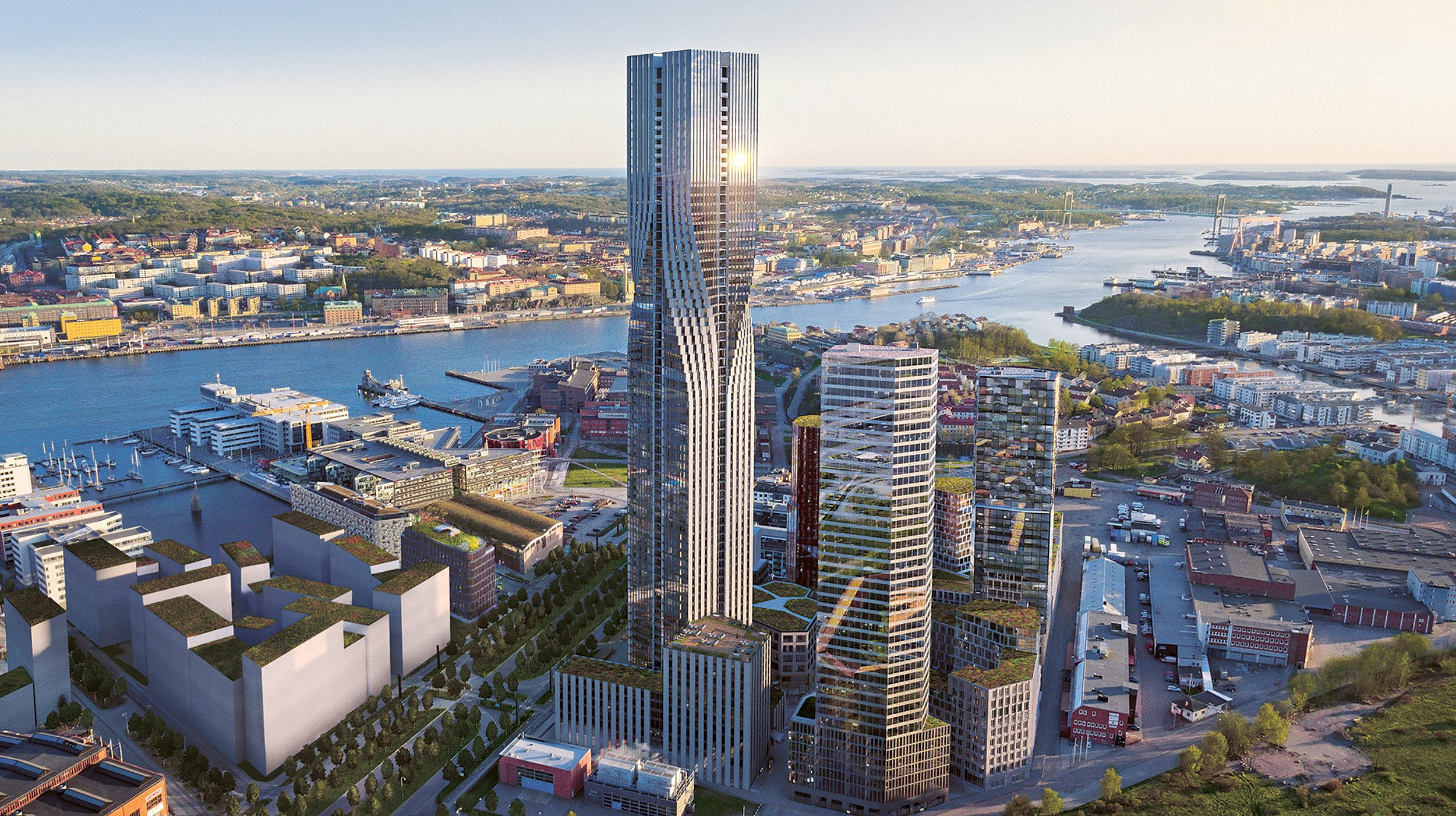 Hohe Glasgebäude überragen eine moderne Stadt, die an einen nahegelegenen Hafen grenzt